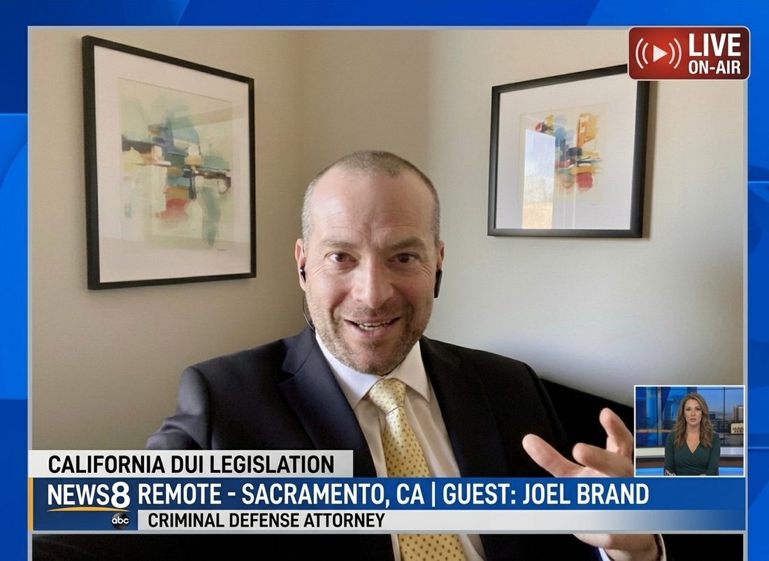 Joel Brand, California DUI defense attorney, speaking by live remote video link on a television news broadcast about California DUI legislation